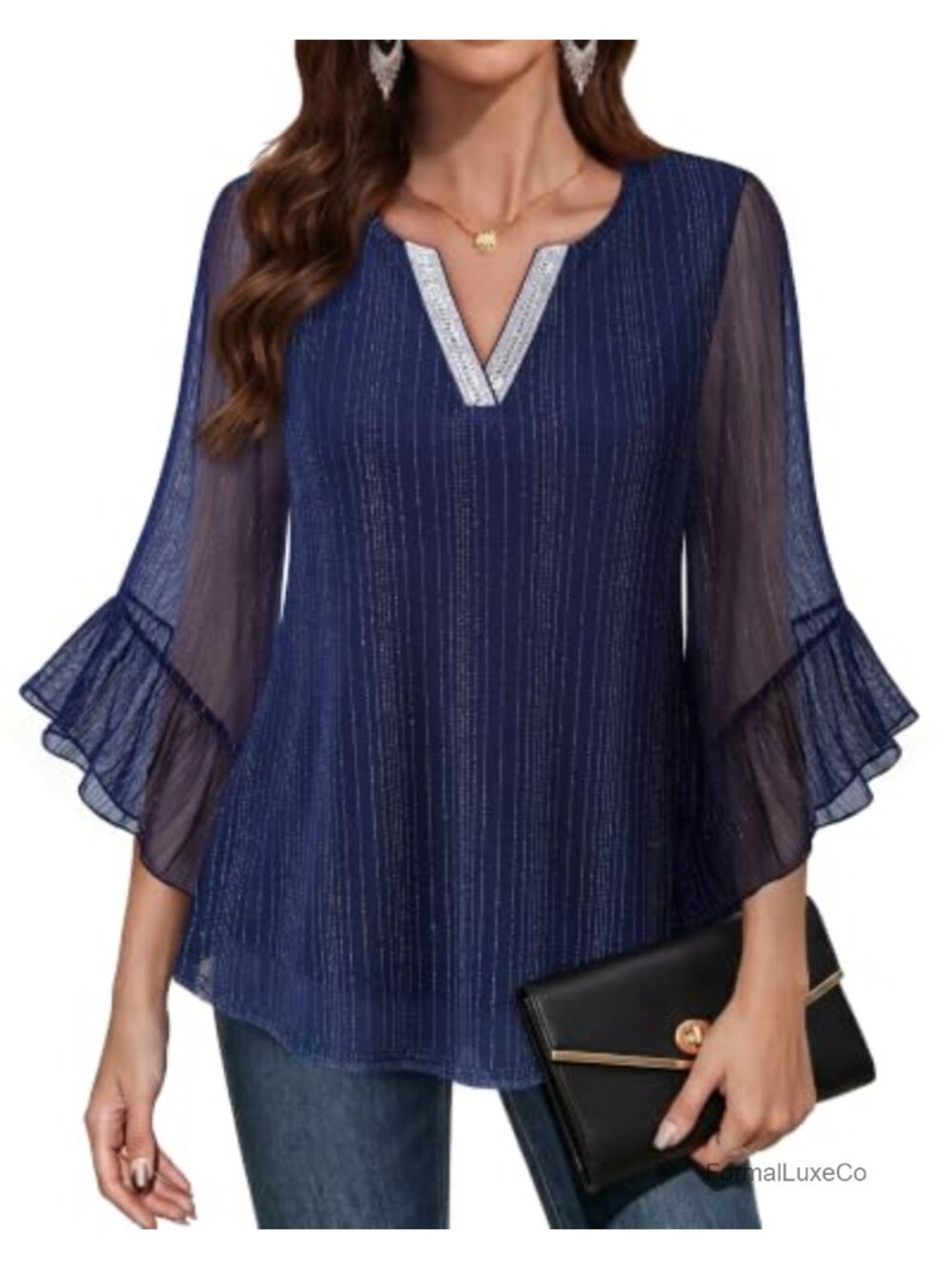 Women's 3/4 Bell Sleeve Splicing V-Neck Dressy Blouse Work Tunic